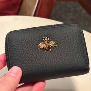 Black Leather Wallet with Gold Bee Accent